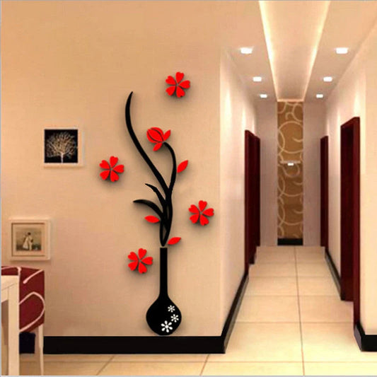 Creative acrylic 3D vase wall sticker in various colors and sizes for home and office decor
