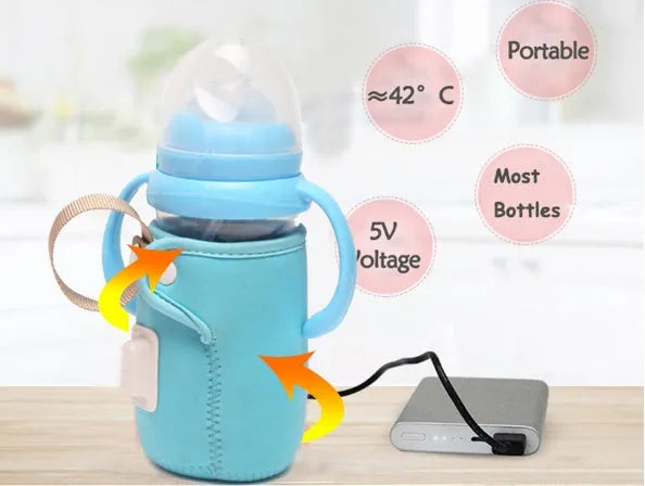 USB baby bottle warmer with cotton sleeve in orange or blue, showing dimensions of 6.5 cm by 10 cm