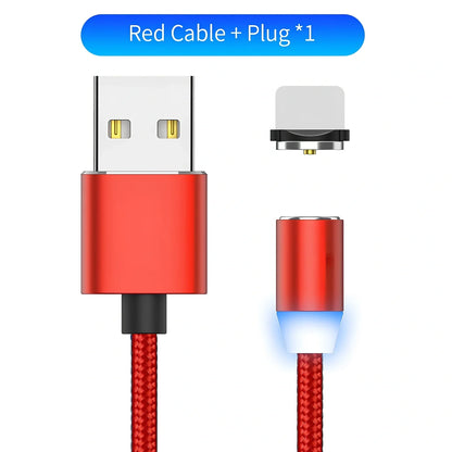 YBD 1m black magnetic LED charging cable with three-in-one plugs for iPhone and Android, showing N52 magnet connection