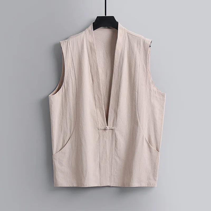 Men's linen sleeveless vest in solid colours showing loose fit design