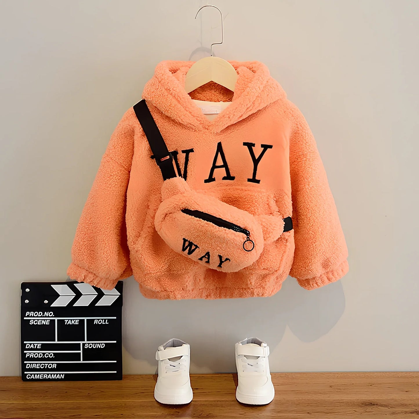 Children's cashmere fleece jacket with detachable cartoon hat in beige, green, or orange