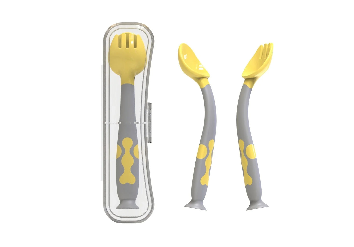 Training Twisting Spoon Fork Set for babies in blue, purple, pink, and yellow