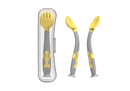 Training Twisting Spoon Fork Set for babies in blue, purple, pink, and yellow