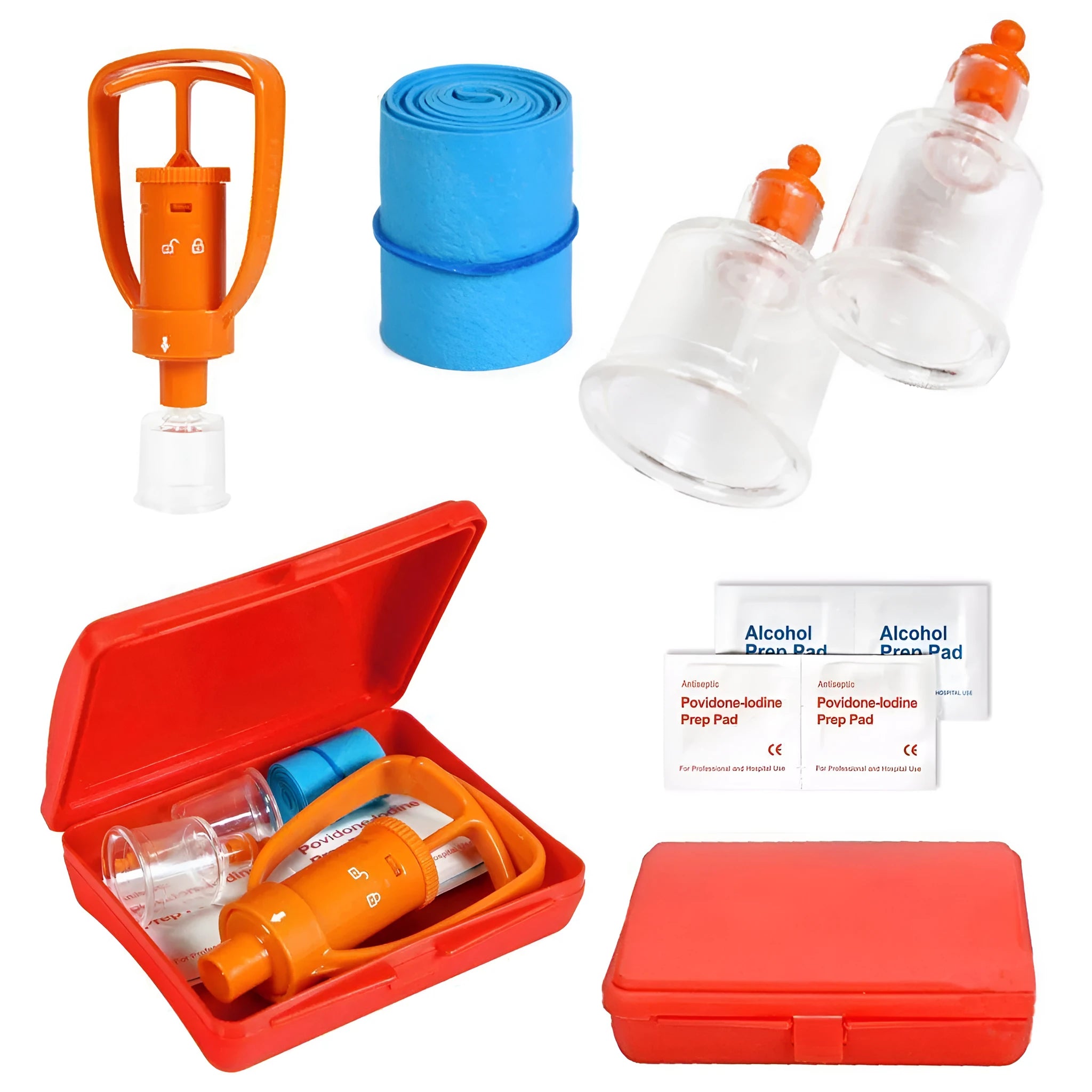 Orange portable first aid suction device for venom extraction, shown with two suction cups, a tourniquet, and swabs.