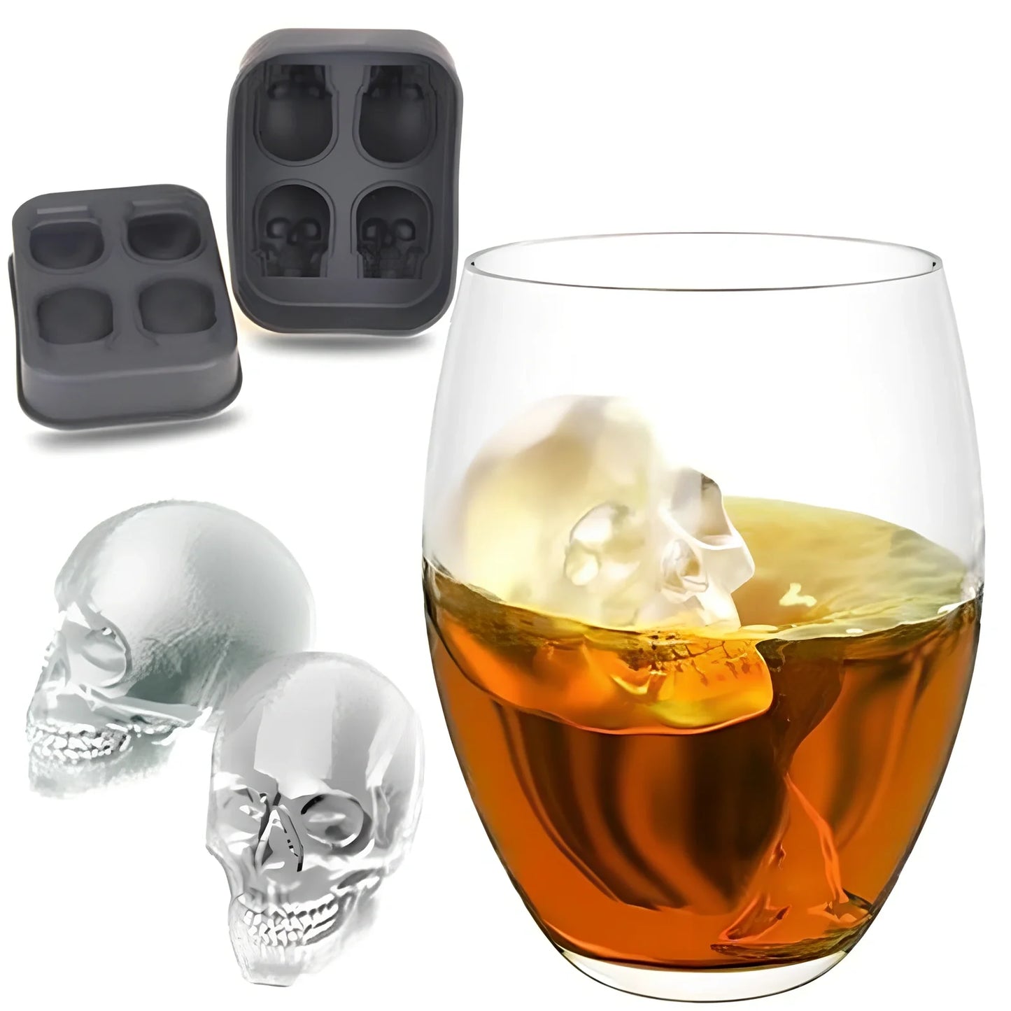 Black silicone ice cube tray with four skull-shaped cavities measuring 12cm long