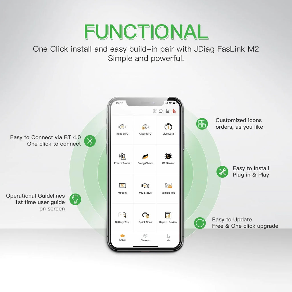 FasLink M2 OBD2 Bluetooth 4.0 voice diagnostic scanner with logo LED indicator and non-slip shell