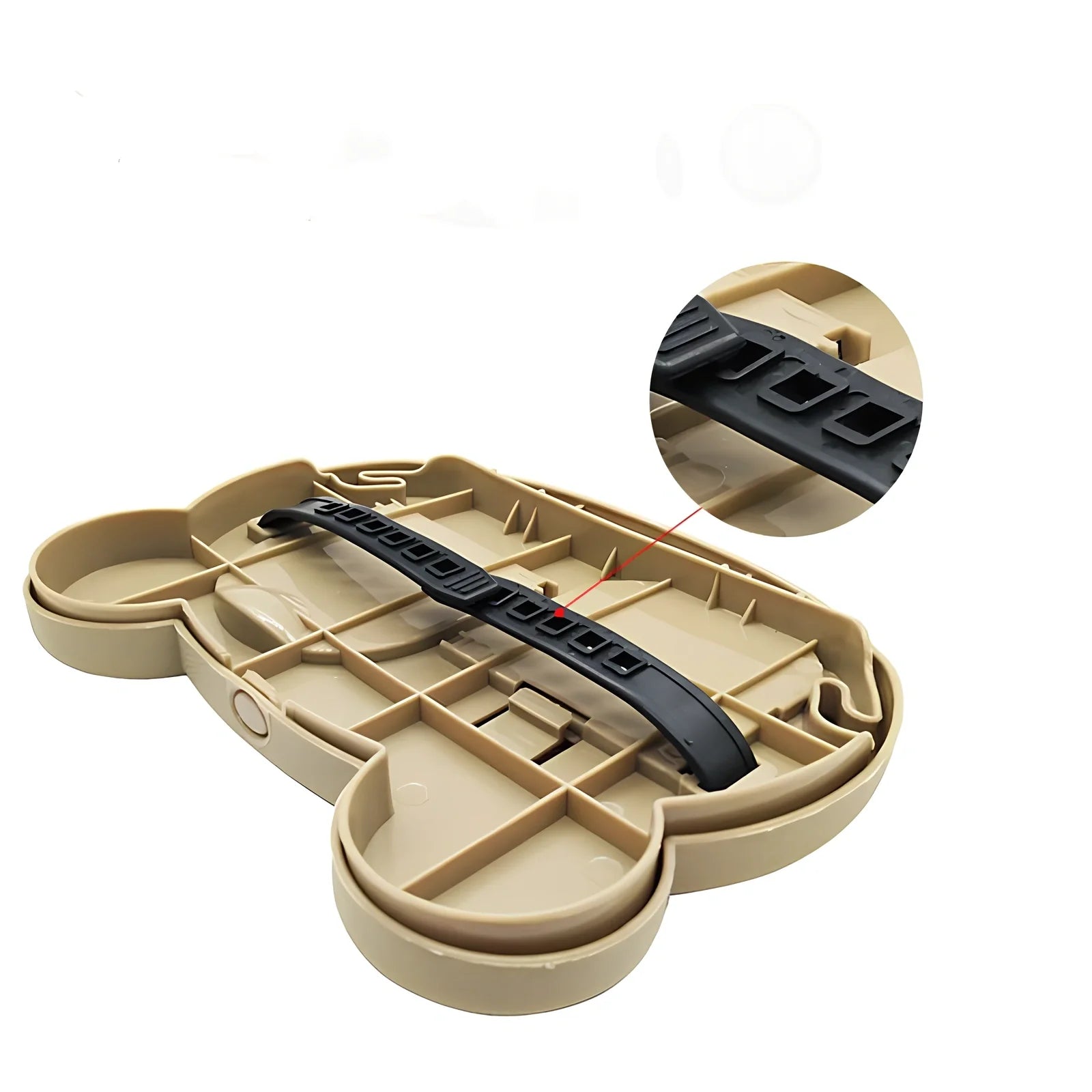 White child car seat table with 20x23.5cm surface and side hooks mounted on vehicle seat