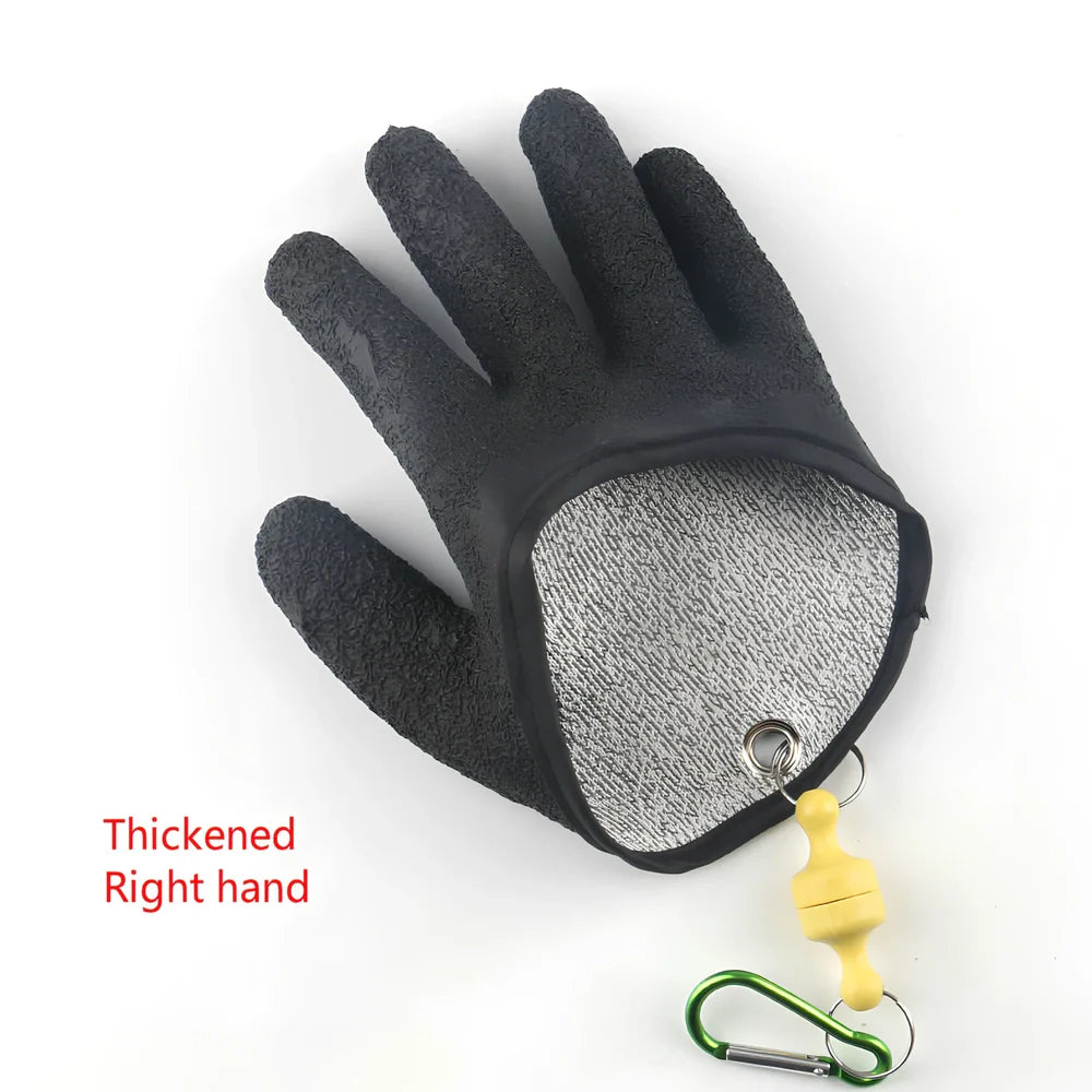 Purple anti-slip fishing gloves with latex coating and magnetic clip for puncture protection in left or right hand, 25cm length