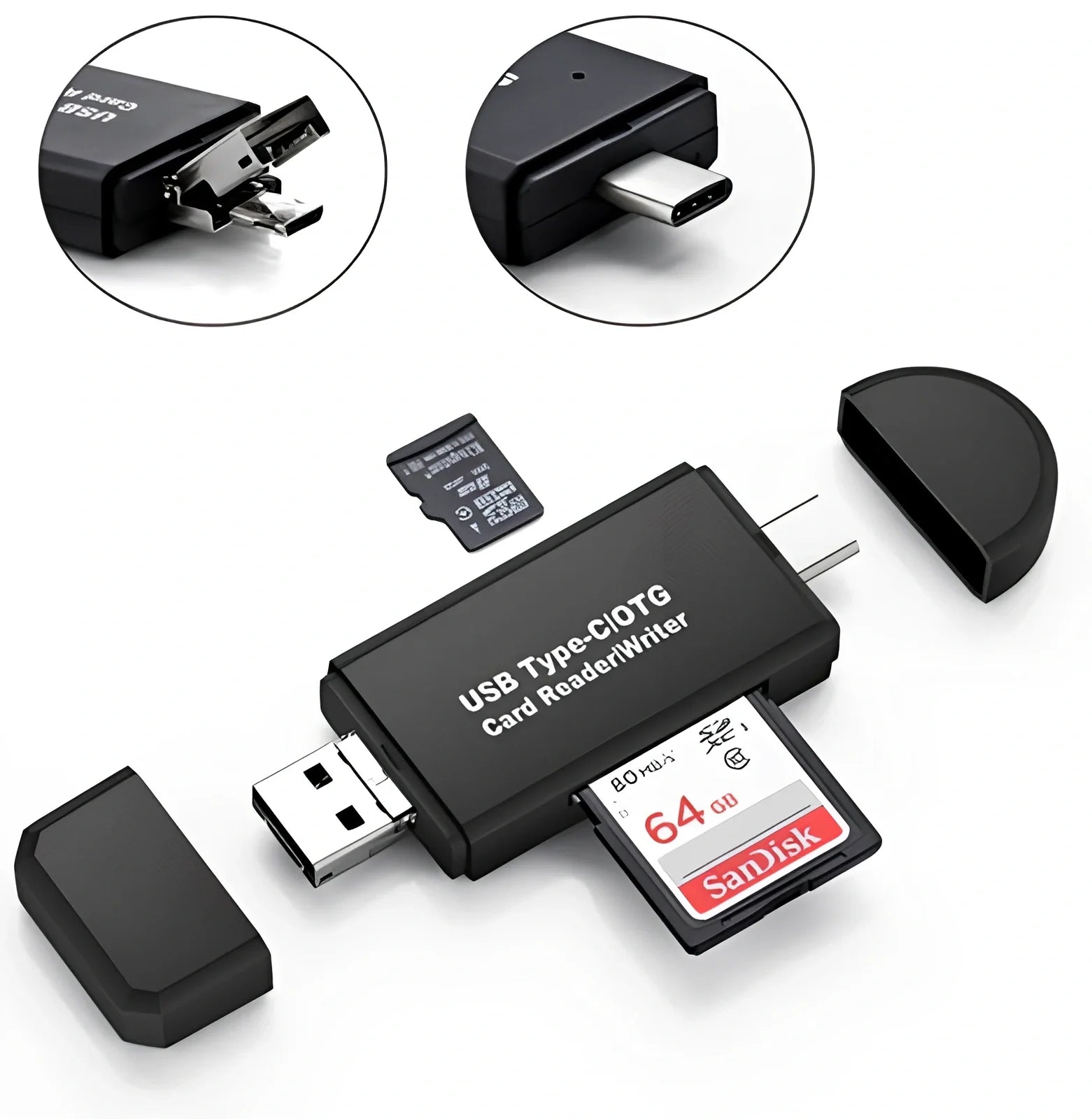 Black three-in-one card reader with Micro USB and USB connectors for Android devices