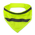 Yellow and orange reflective striped dog bandana with adhesive strap, shown on a dog's neck.