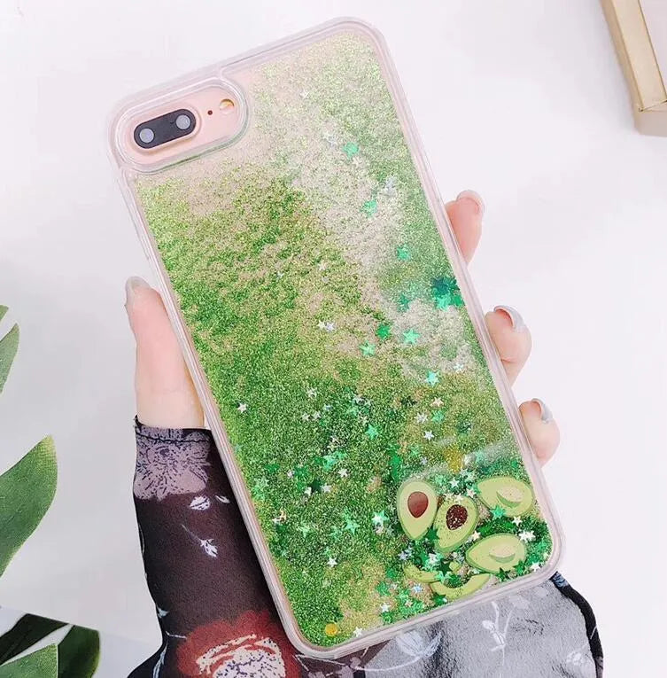 Avocado phone case with quicksand and rhinestone design back cover in colour A for iPhone 11