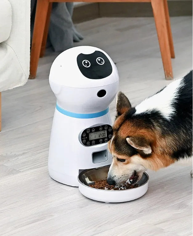 White automatic pet feeder with removable grain barrel and metal food tray, infrared anti-feeding prevention