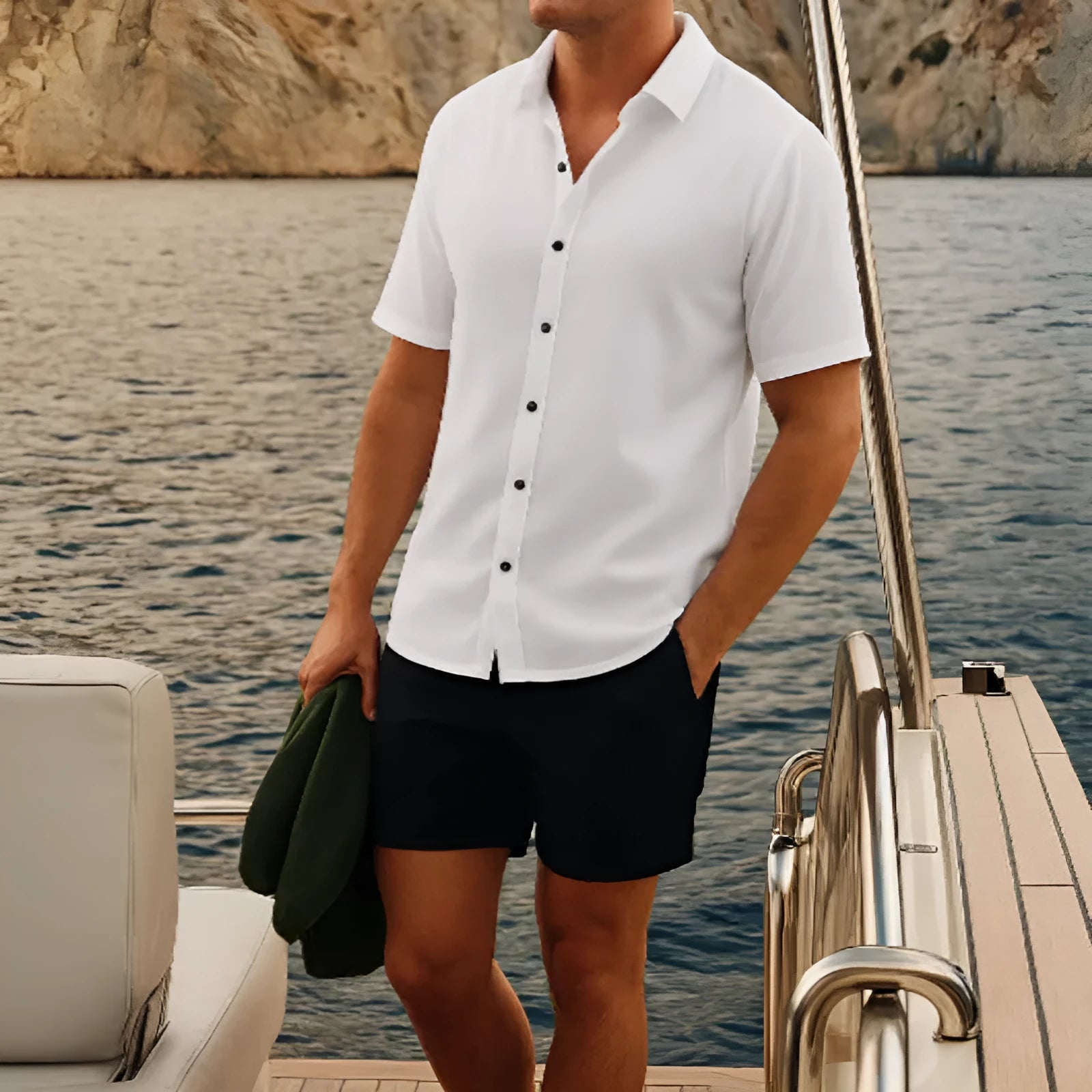 Men's waffle-textured short sleeve shirt and matching shorts set in polyester for summer wear