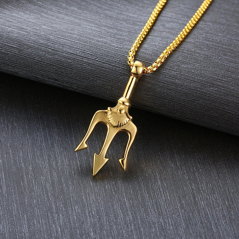 Neptune's Trident Titanium Steel Pendant Necklace in black, silver, and gold options