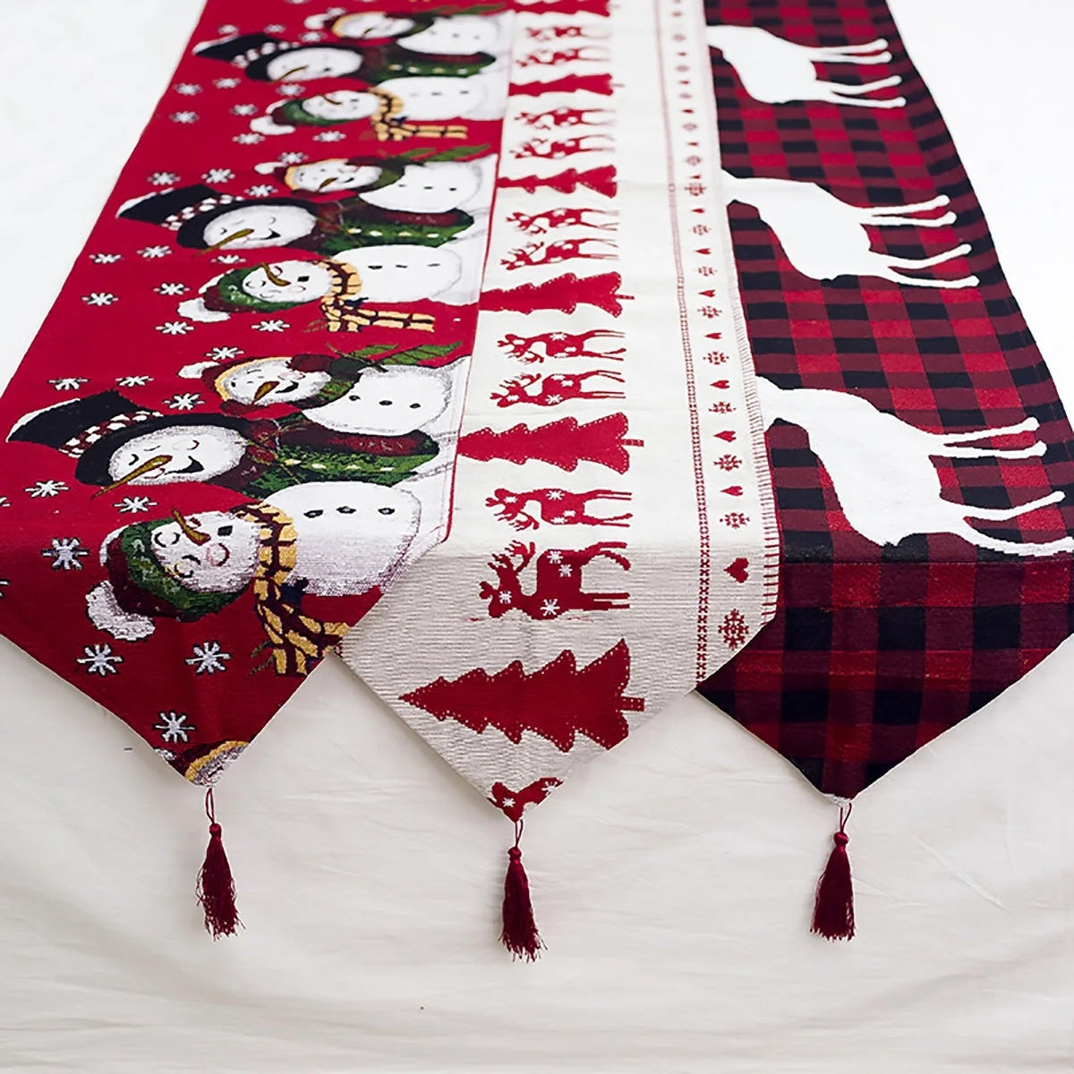 Christmas Elk Snowman Table Runner in festive colors, perfect for holiday decor