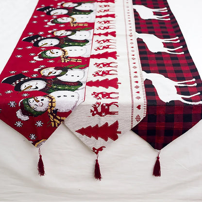 Christmas Elk Snowman Table Runner in festive colors, perfect for holiday decor