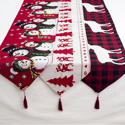 Christmas Elk Snowman Table Runner in festive colors, perfect for holiday decor