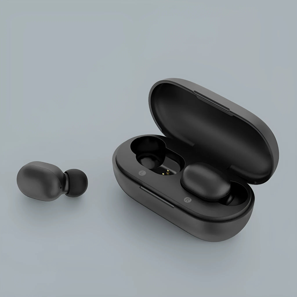 A pair of black true wireless Bluetooth earbuds for stereo sound and hands-free calls.