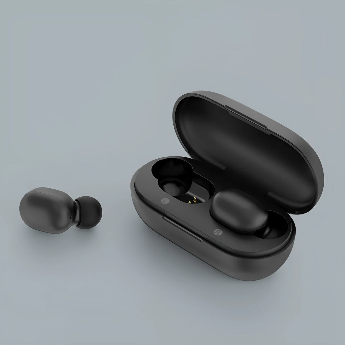 A pair of black true wireless Bluetooth earbuds for stereo sound and hands-free calls.