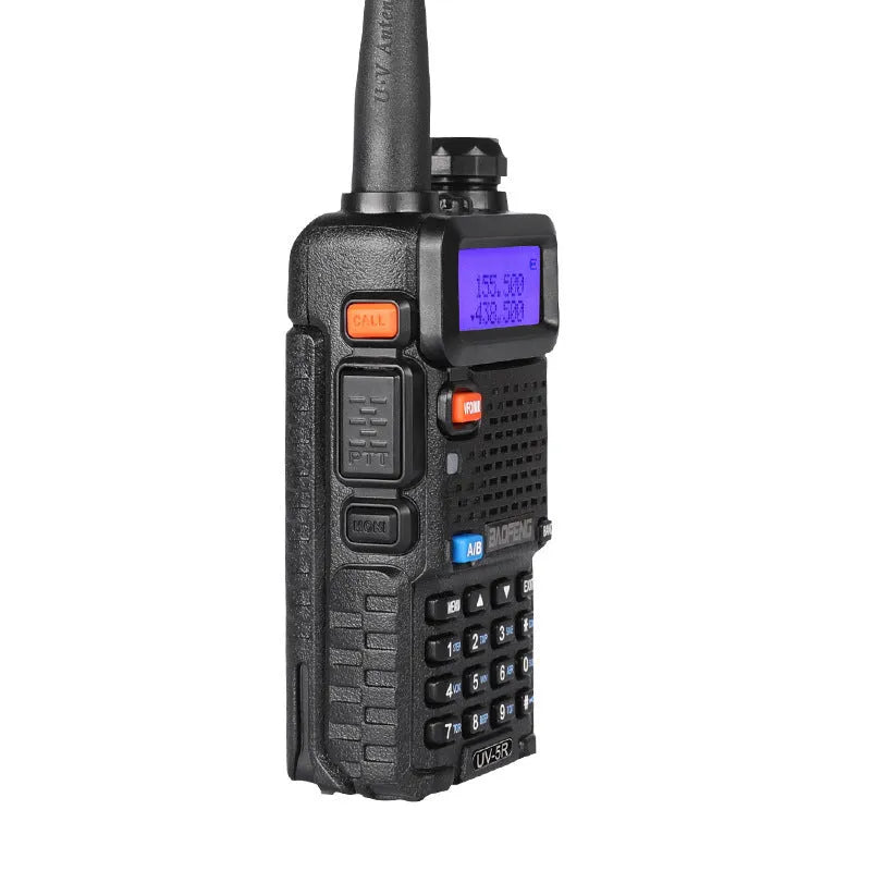 Black dual-band VHF UHF walkie talkie with 128 channels and a 5-10 km communication range.