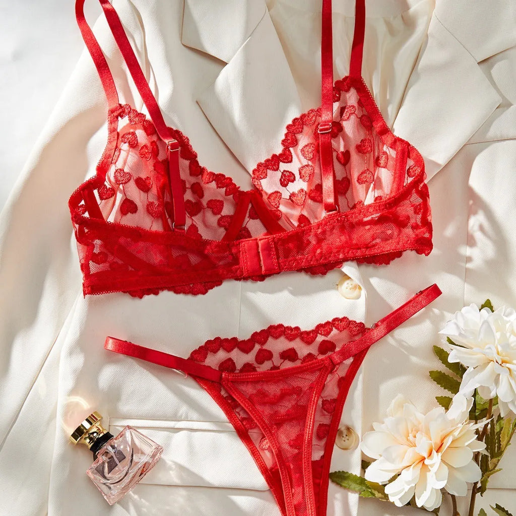 Romantic Love women's mesh two-piece suit in black or red, showing top and matching trousers.