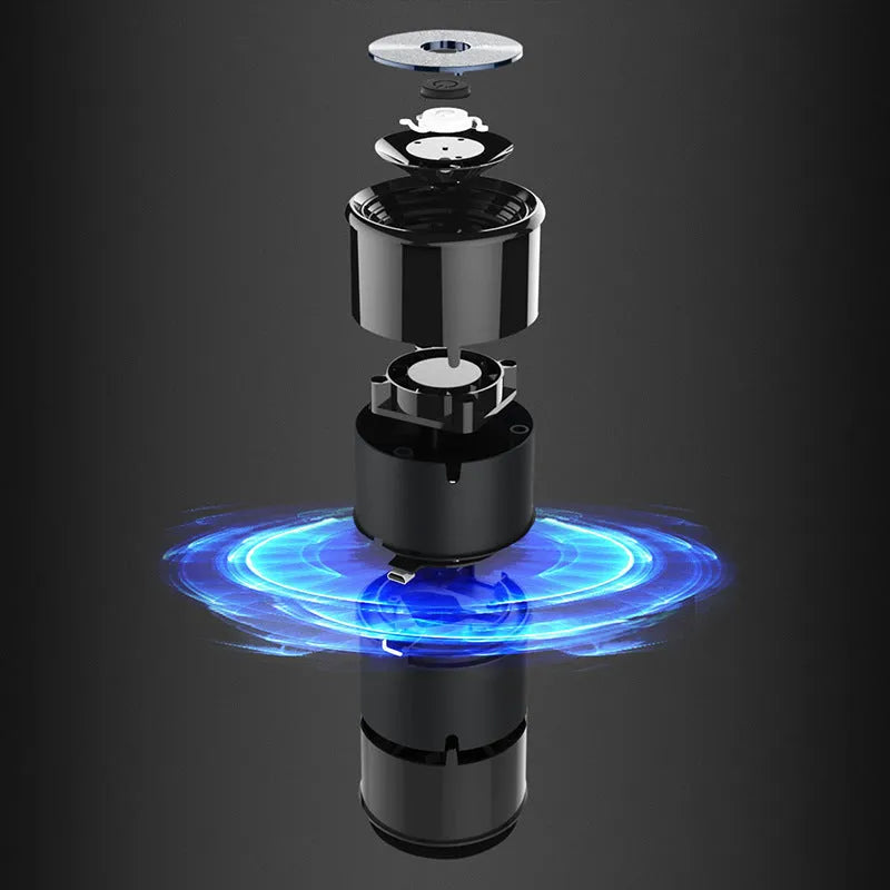USB car negative ion air purifier in aluminium alloy and ABS, compact 65x153mm, available in black gold and rose pink, quiet operation below 27dB