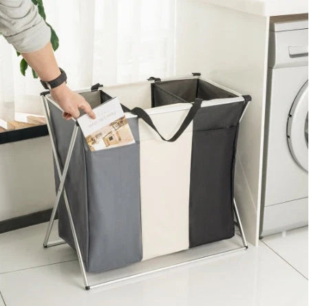 Foldable multi-layer laundry basket with waterproof liner and three compartments