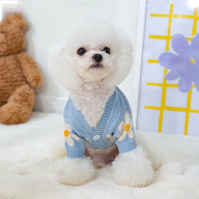 Blue polyester sweater for a small dog on a white background, showing the front of the garment.