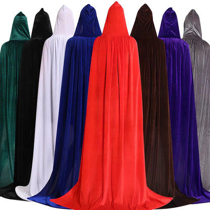 Golden velvet Halloween cloak in purple, 130 cm length with 48 cm hood and neck tie for wizard cosplay