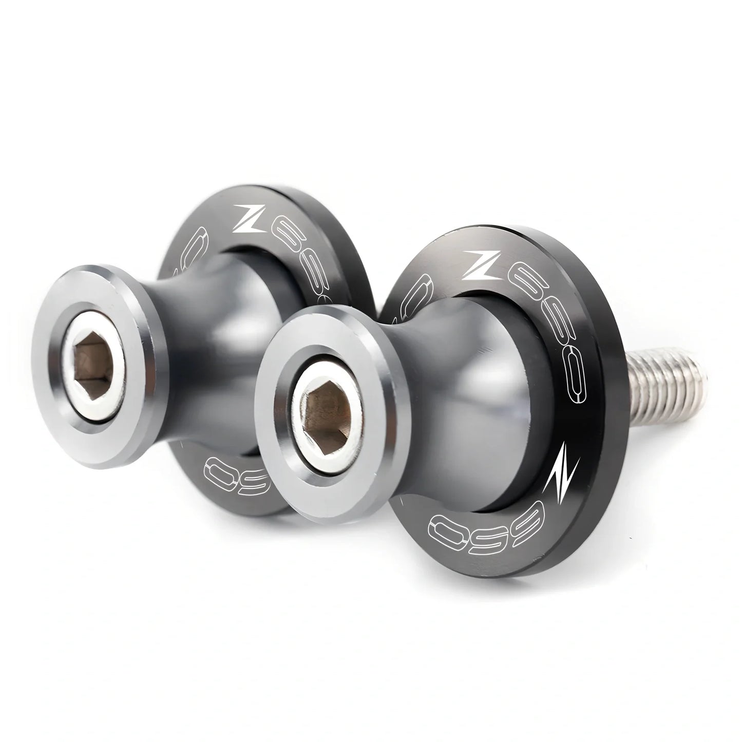 Pair of 8mm CNC aluminium swingarm spools sliders in titanium for Kawasaki Z650 Z900, with Delrin contact and stainless bolts