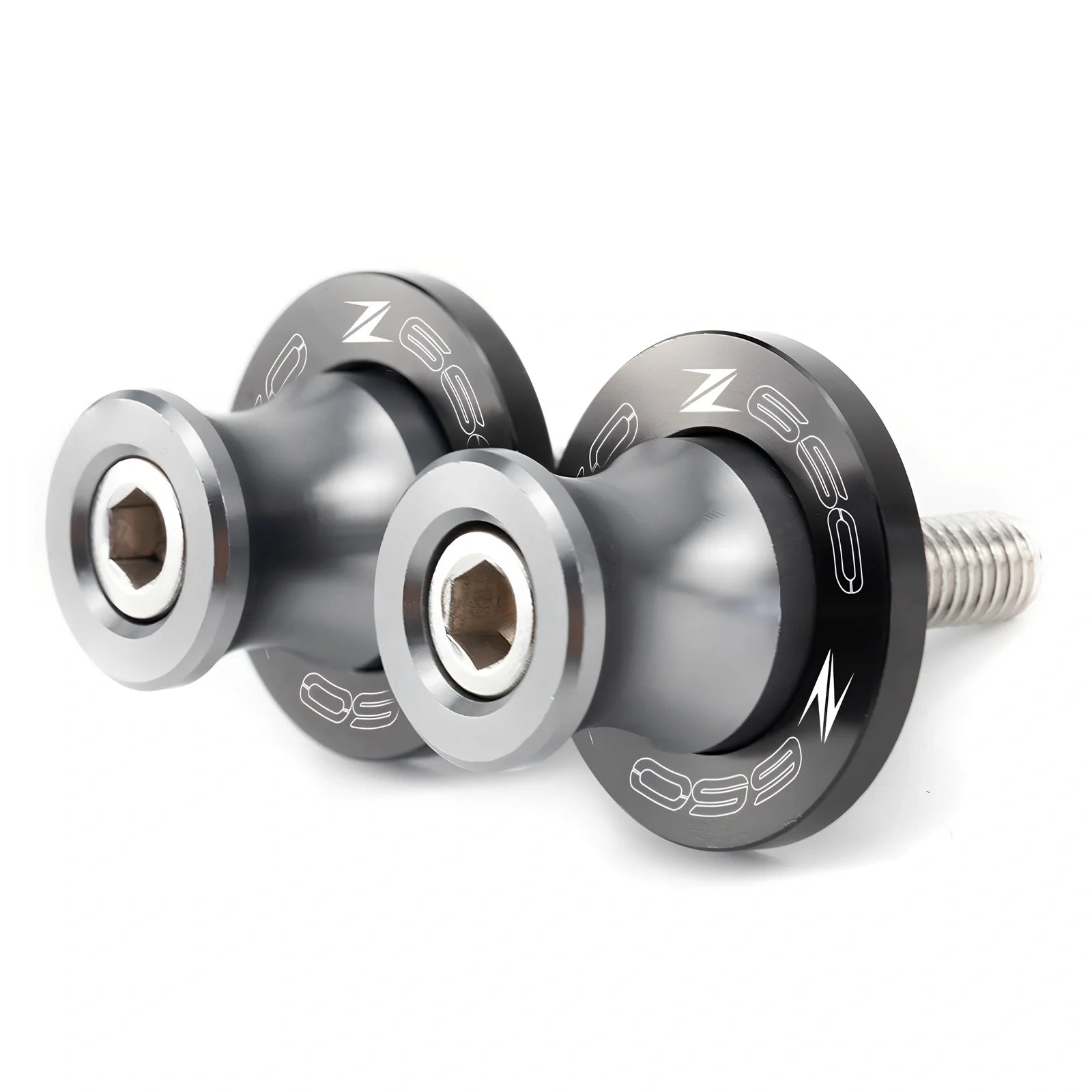 Pair of 8mm CNC aluminium swingarm spools sliders in titanium for Kawasaki Z650 Z900, with Delrin contact and stainless bolts