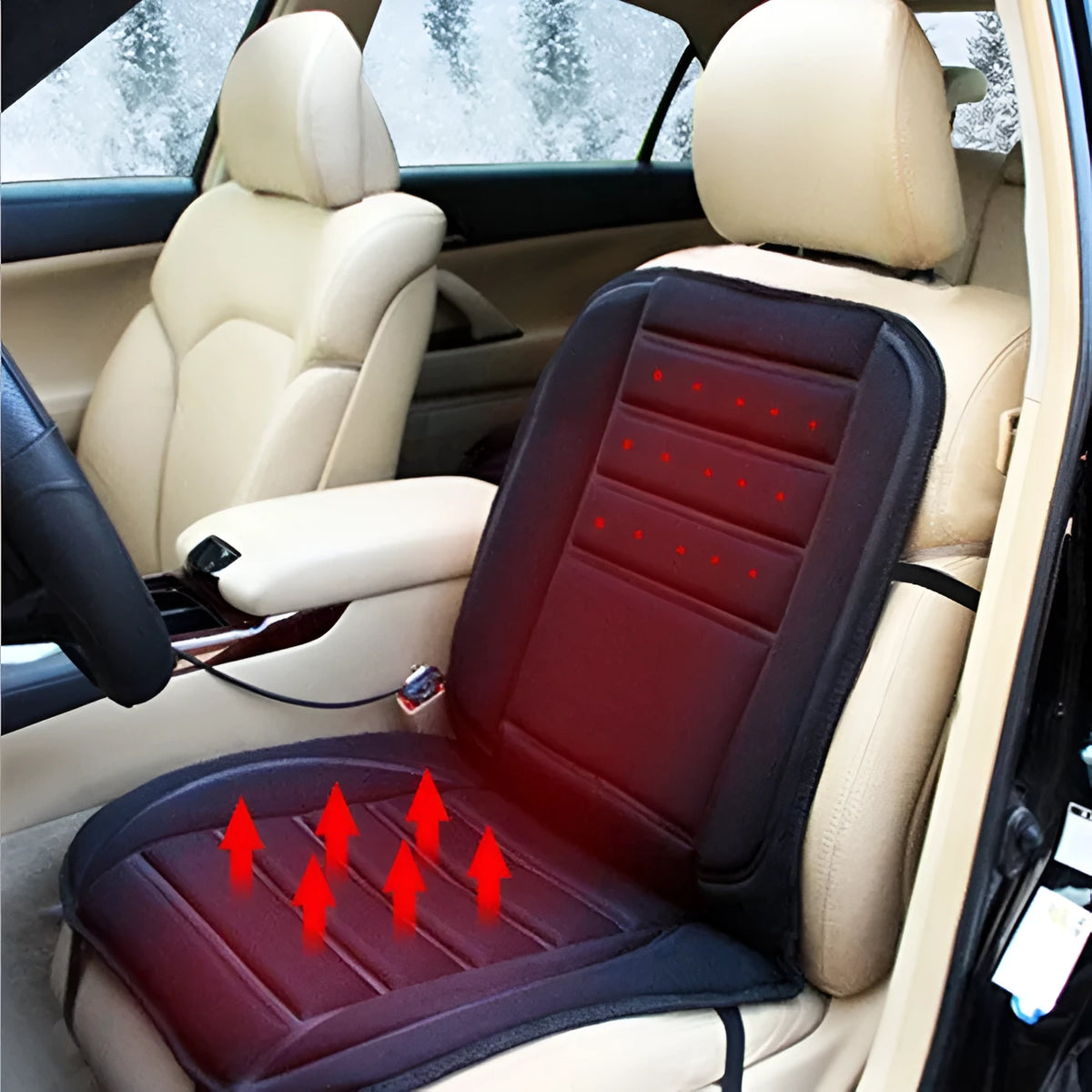 Black car heating cushion with elastic straps on a car seat, 97x47x1cm