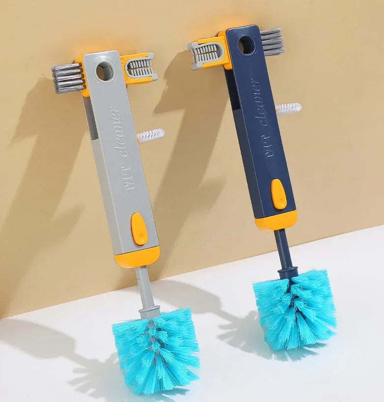 Blue and grey 4-in-1 bottle gap cleaner brush with U-shaped silicone design and stranded wire tools