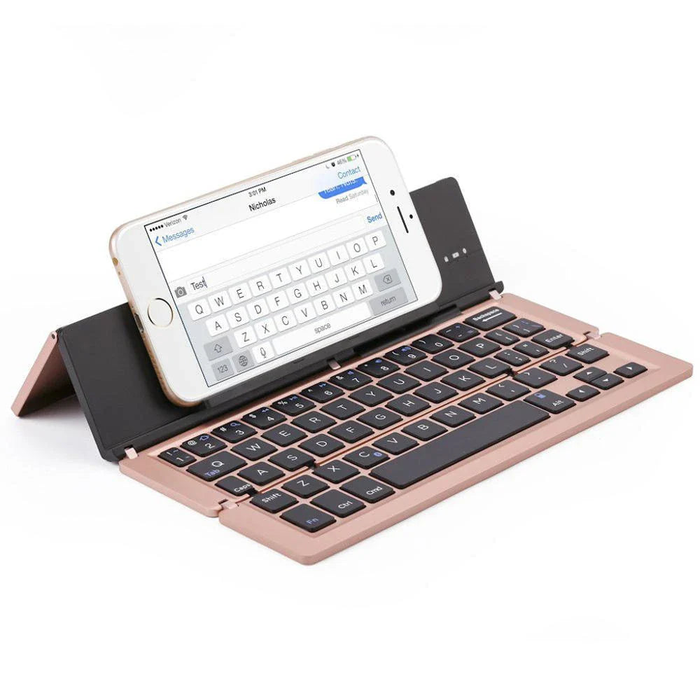 Folding ultra-thin Bluetooth keyboard in grey, rose gold, silver, and gold options