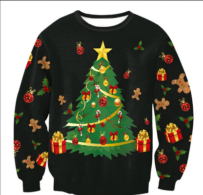 Cartoon Vacation Santa Elf pullover in cotton, full sleeves 60-70cm, O-neck for women and men, casual winter top sizes S-XL