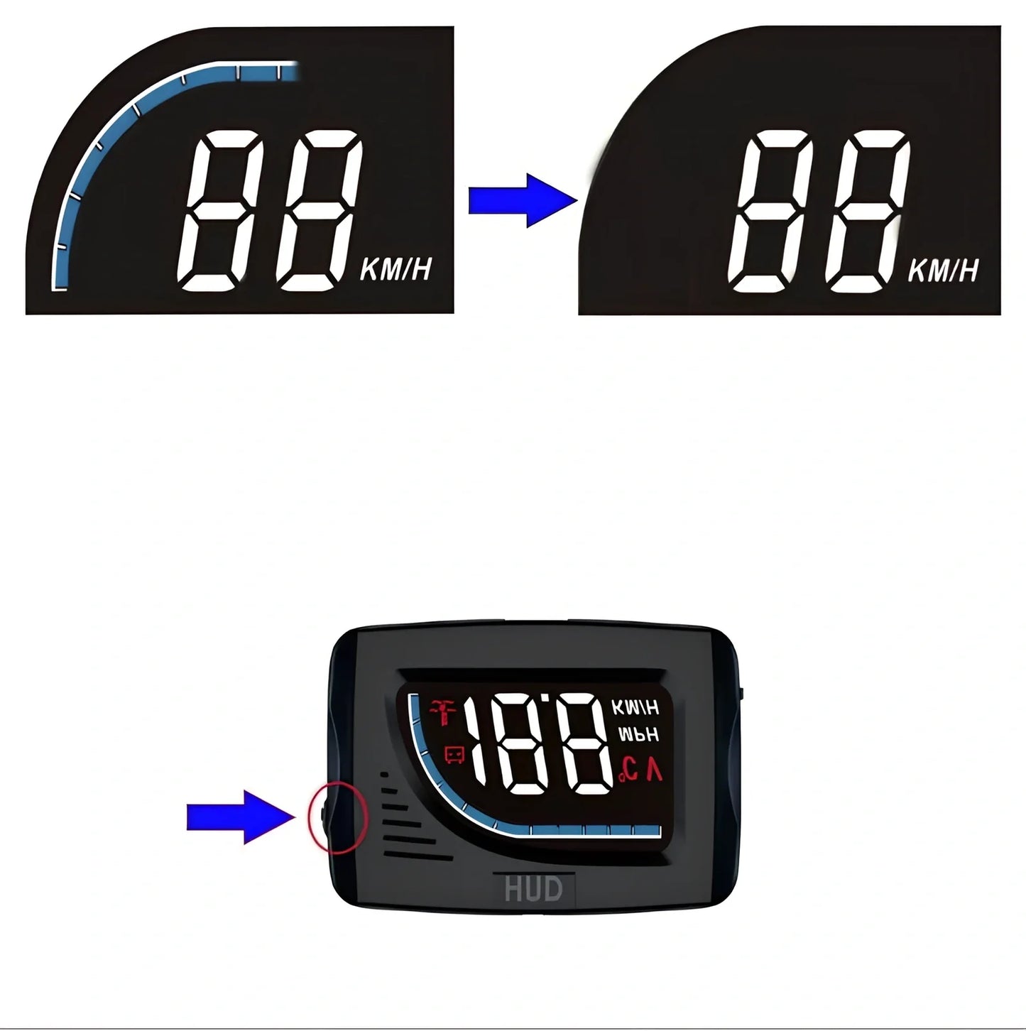 Black A101 OBD HUD display unit, 3-inch LED screen, 80mm x 50mm x 14mm size, showing speed projection