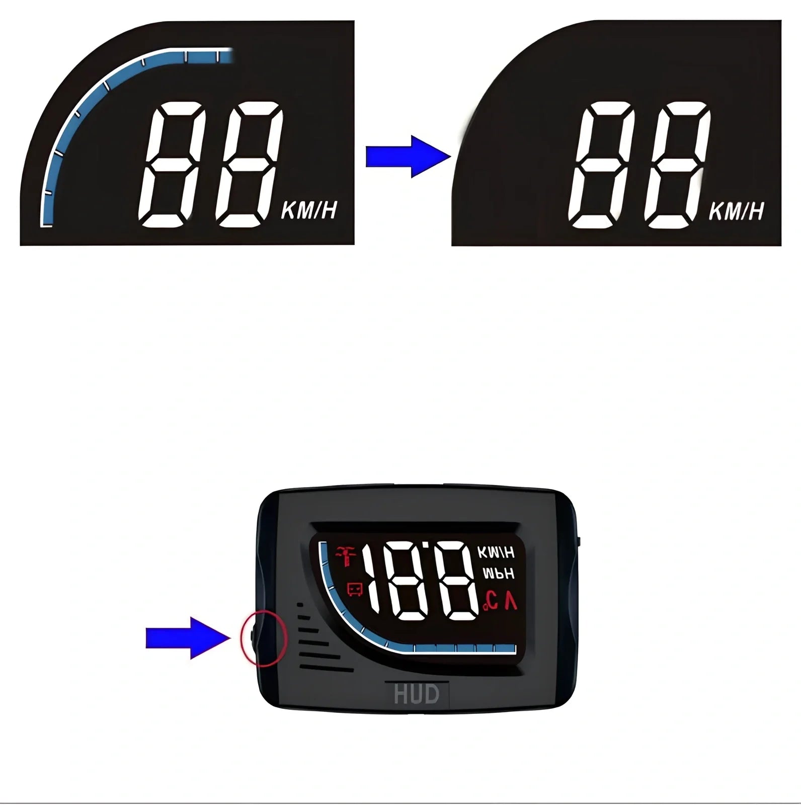 Black A101 OBD HUD display unit, 3-inch LED screen, 80mm x 50mm x 14mm size, showing speed projection