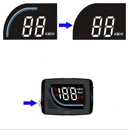 Black A101 OBD HUD display unit, 3-inch LED screen, 80mm x 50mm x 14mm size, showing speed projection