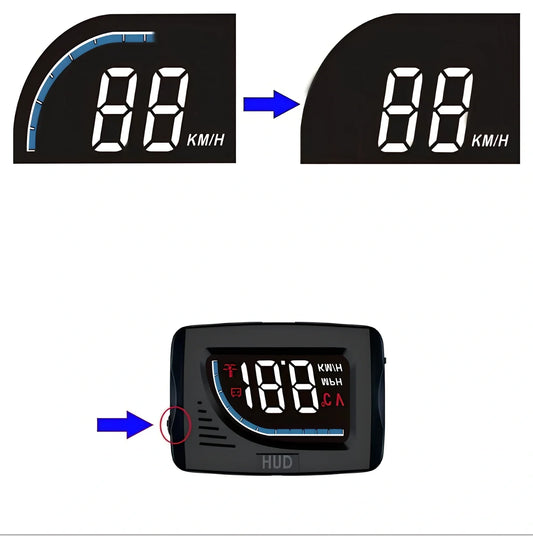 Black A101 OBD HUD display unit, 3-inch LED screen, 80mm x 50mm x 14mm size, showing speed projection