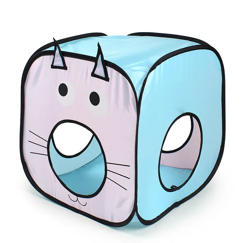 Foldable pet tent and tunnel set with cat and fish design in blue, white and orange colours