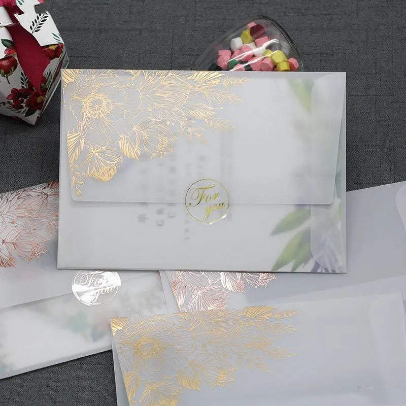 Gold and rose gold sulphuric acid paper invitation cards with bronzing matte varnish and sealing stickers