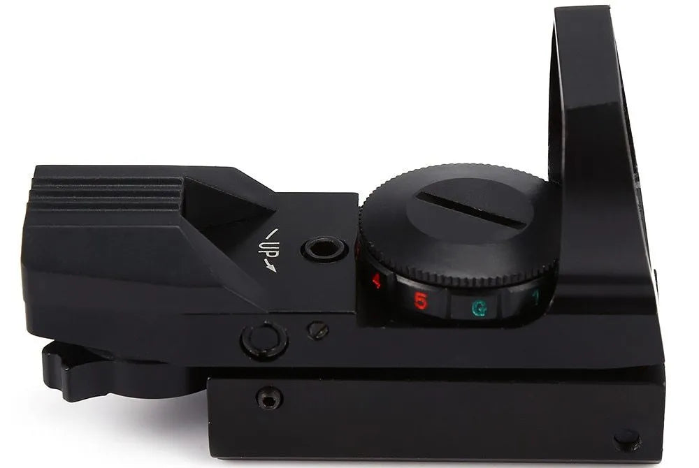 Black aluminium alloy reflex holographic sight with 22x33mm SLR lens and 4 reticles on 20mm rail mount