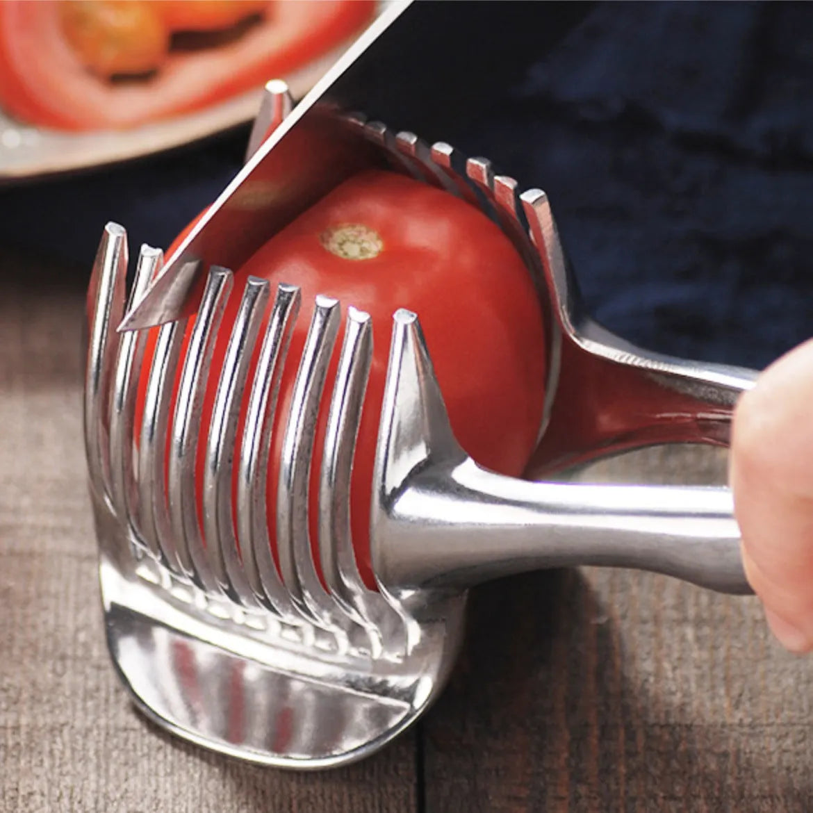 Silver foldable lemon slicer kitchen tool with stainless steel cutting blades
