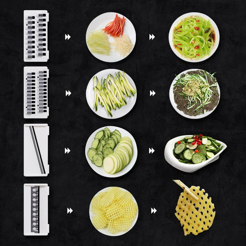 Multi-functional vegetable cutter with four blade designs for efficient kitchen tasks