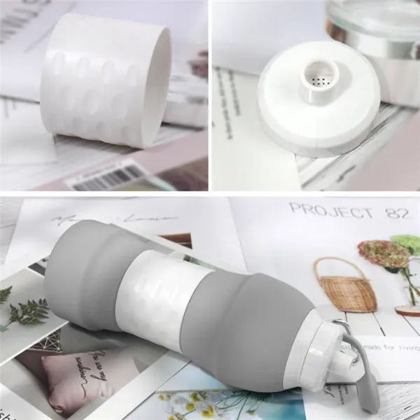 Blue silicone folding water bottle shown full and collapsed, with 580ml capacity mark.