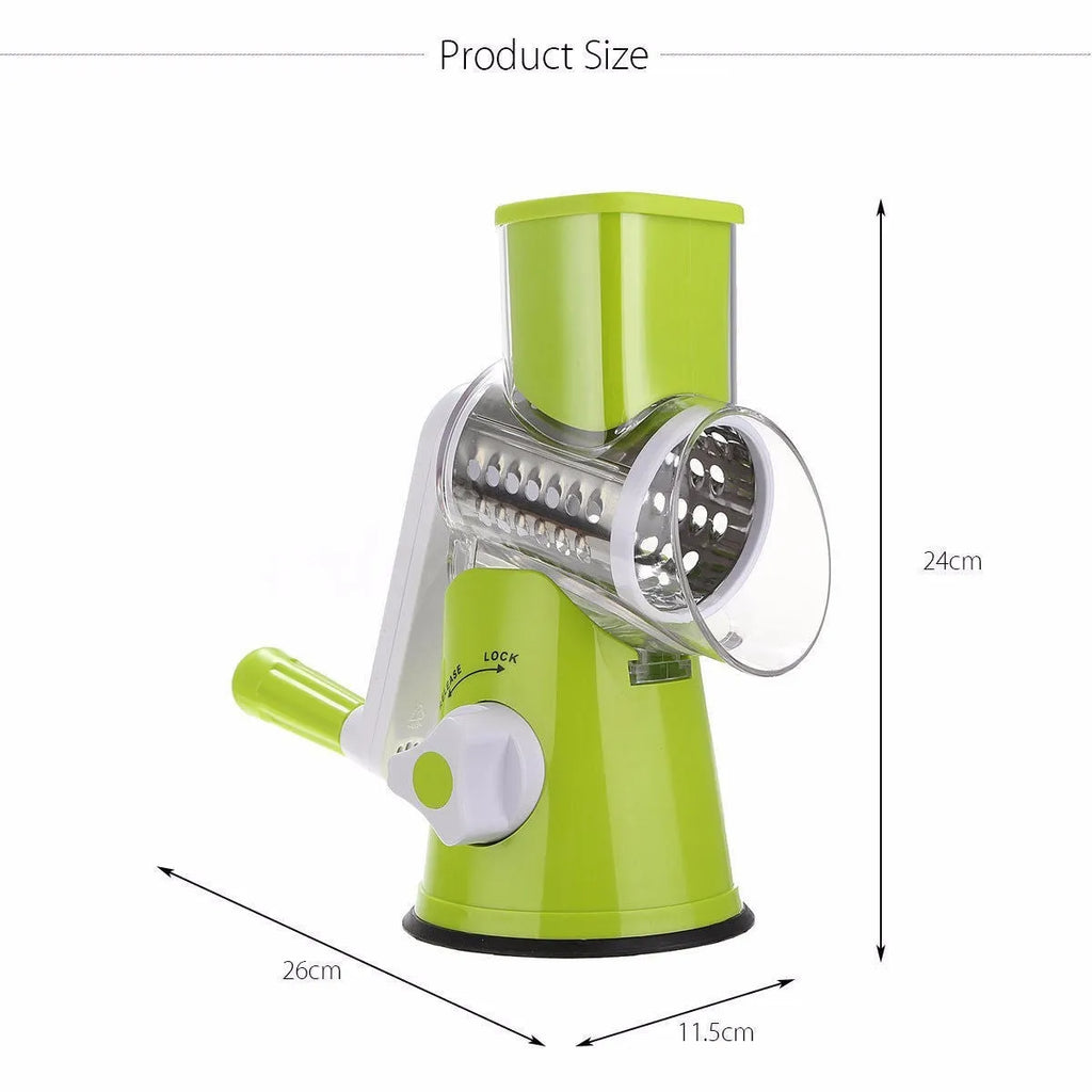 Round mandoline vegetable slicer with three stainless steel blades and suction base