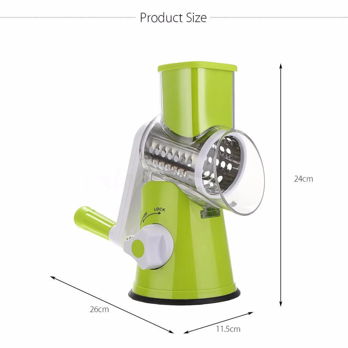 Round mandoline vegetable slicer with three stainless steel blades and suction base
