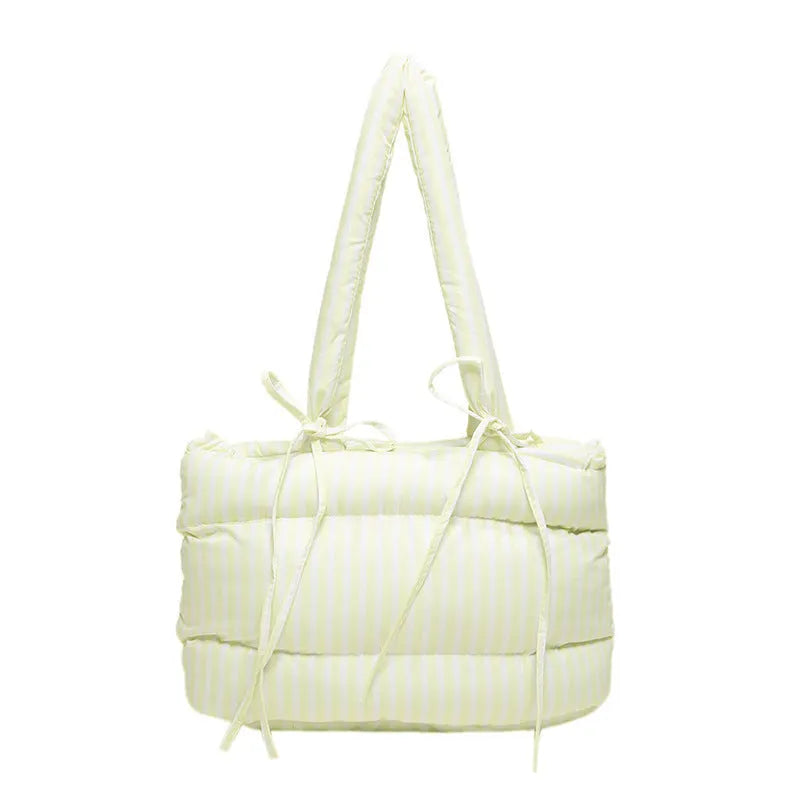 Women's cotton-padded tote bag large-capacity with bow and plaid pattern in black