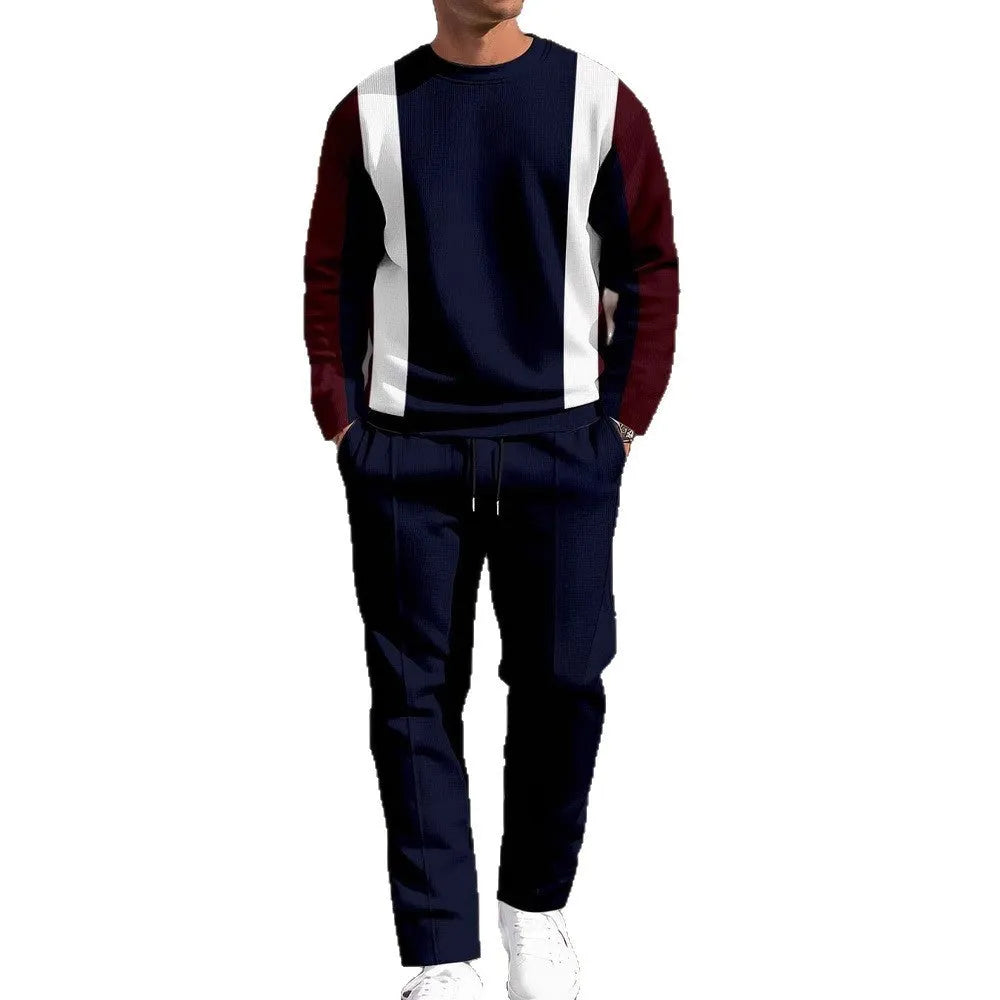 Men's casual sporty round neck sweatshirt and pants two-piece set in polyester blend, no hood, spring autumn wear