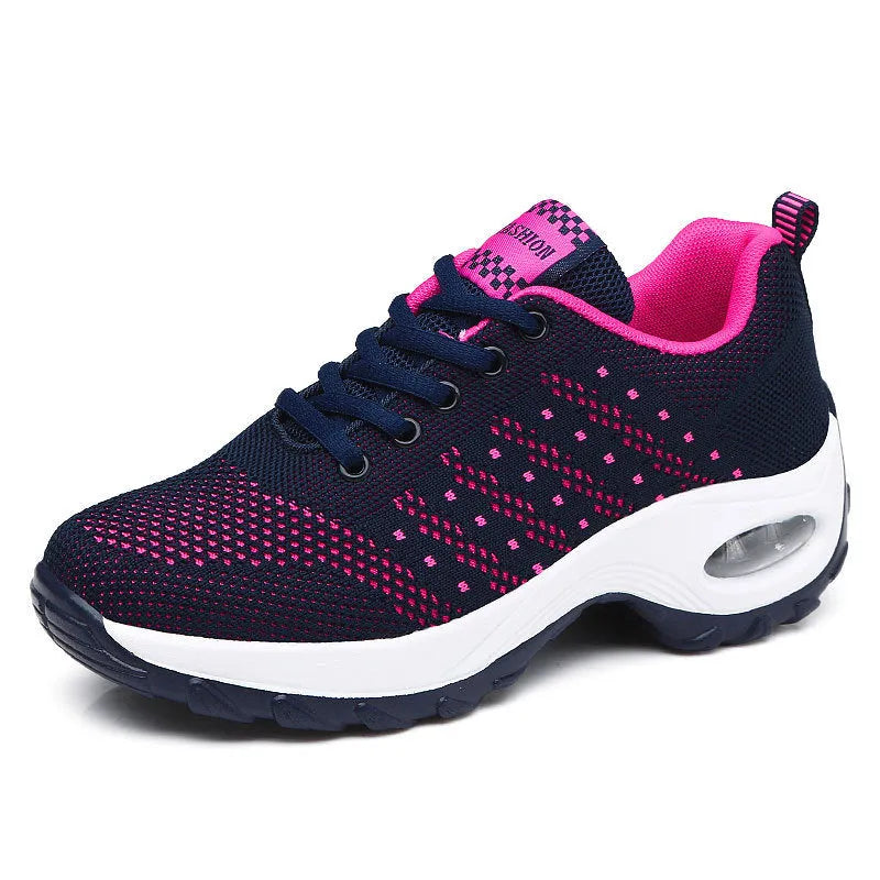 Ladies net shoes mesh breathable casual sneakers in grey, lace-up, flat sole, side view